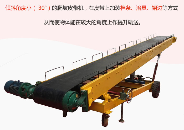 傾斜角度?。?30°）的爬坡皮帶機，在皮帶上加裝檔條、治具、裙邊等方式從而使物體能在較大的角度上作提升輸送。